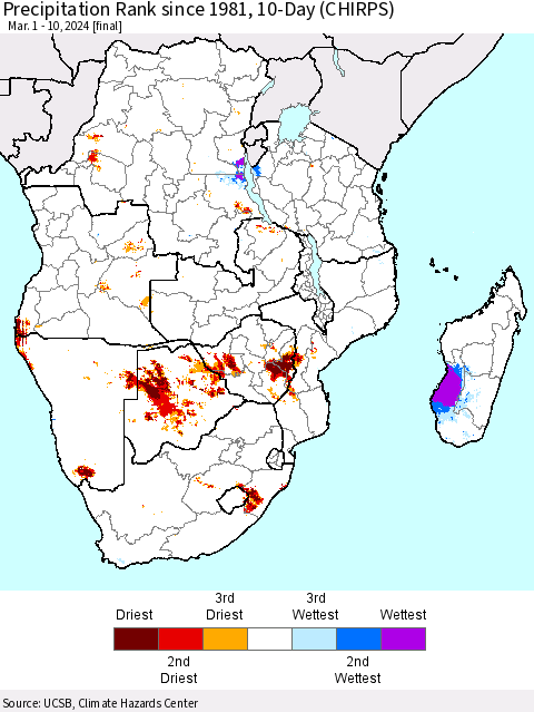 Southern Africa Precipitation Rank since 1981, 10-Day (CHIRPS) Thematic Map For 3/1/2024 - 3/10/2024