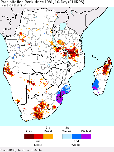 Southern Africa Precipitation Rank since 1981, 10-Day (CHIRPS) Thematic Map For 3/6/2024 - 3/15/2024