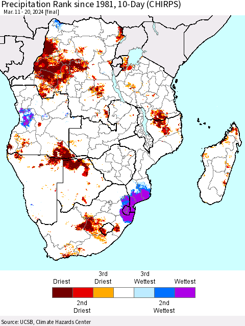 Southern Africa Precipitation Rank since 1981, 10-Day (CHIRPS) Thematic Map For 3/11/2024 - 3/20/2024