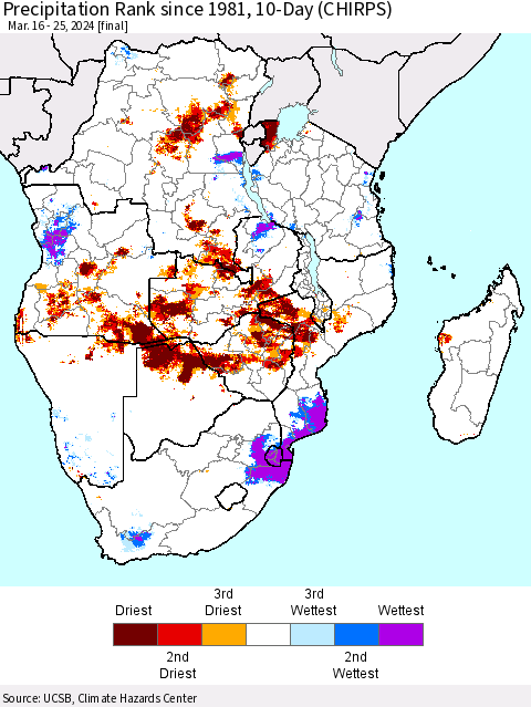 Southern Africa Precipitation Rank since 1981, 10-Day (CHIRPS) Thematic Map For 3/16/2024 - 3/25/2024