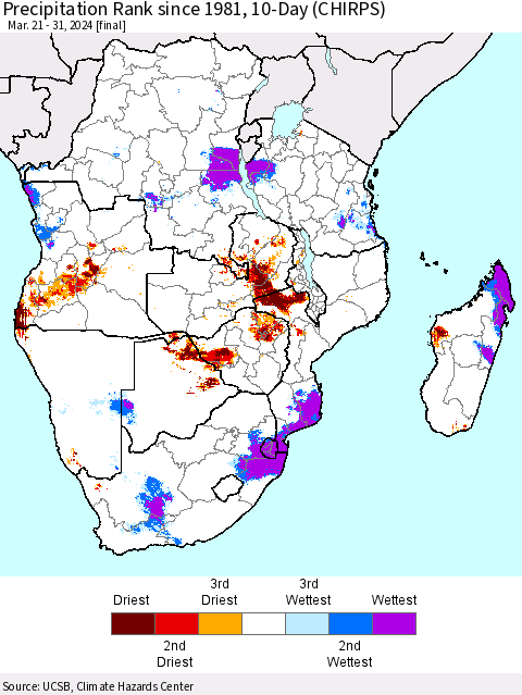 Southern Africa Precipitation Rank since 1981, 10-Day (CHIRPS) Thematic Map For 3/21/2024 - 3/31/2024