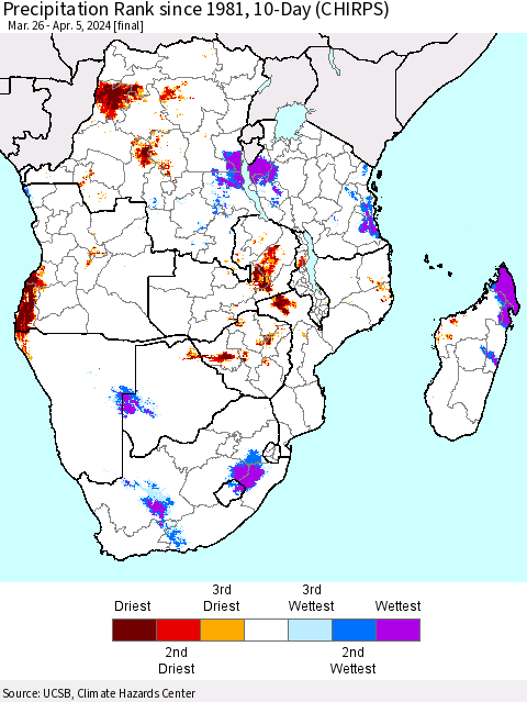 Southern Africa Precipitation Rank since 1981, 10-Day (CHIRPS) Thematic Map For 3/26/2024 - 4/5/2024