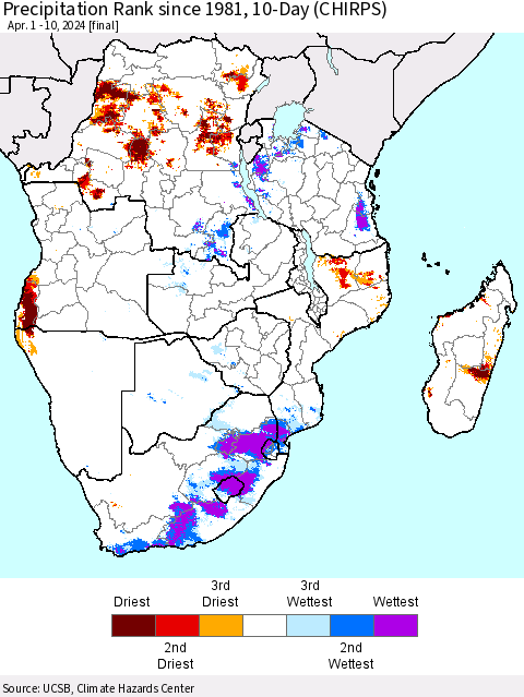 Southern Africa Precipitation Rank since 1981, 10-Day (CHIRPS) Thematic Map For 4/1/2024 - 4/10/2024