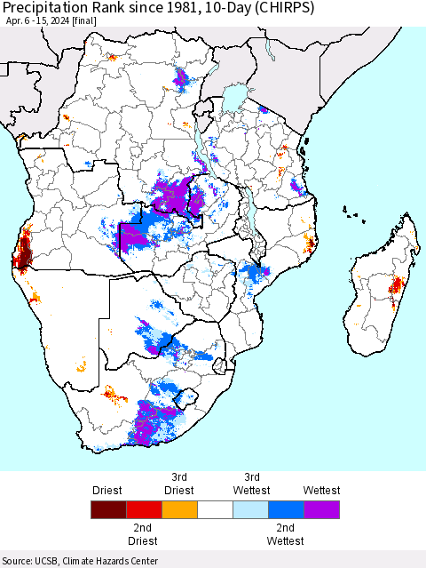 Southern Africa Precipitation Rank since 1981, 10-Day (CHIRPS) Thematic Map For 4/6/2024 - 4/15/2024