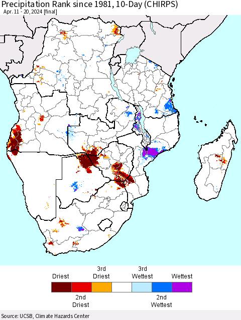 Southern Africa Precipitation Rank since 1981, 10-Day (CHIRPS) Thematic Map For 4/11/2024 - 4/20/2024