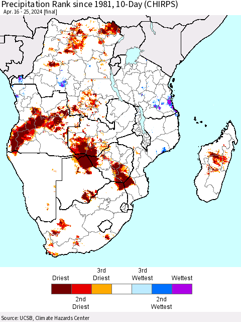 Southern Africa Precipitation Rank since 1981, 10-Day (CHIRPS) Thematic Map For 4/16/2024 - 4/25/2024