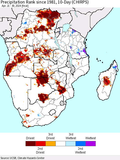 Southern Africa Precipitation Rank since 1981, 10-Day (CHIRPS) Thematic Map For 4/21/2024 - 4/30/2024