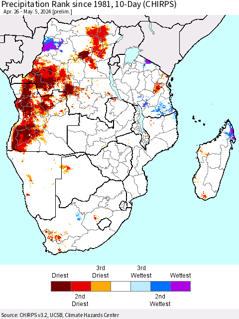 Southern Africa Precipitation Rank since 1981, 10-Day (CHIRPS) Thematic Map For 4/26/2024 - 5/5/2024