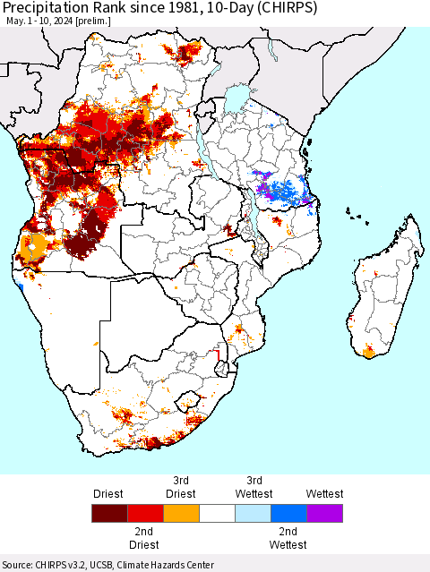 Southern Africa Precipitation Rank since 1981, 10-Day (CHIRPS) Thematic Map For 5/1/2024 - 5/10/2024