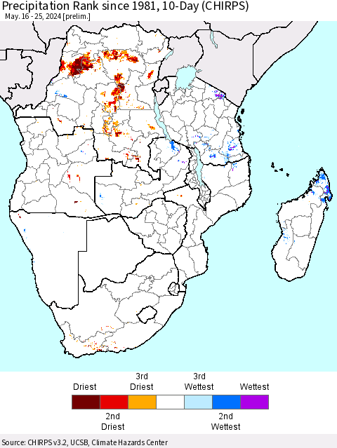 Southern Africa Precipitation Rank since 1981, 10-Day (CHIRPS) Thematic Map For 5/16/2024 - 5/25/2024
