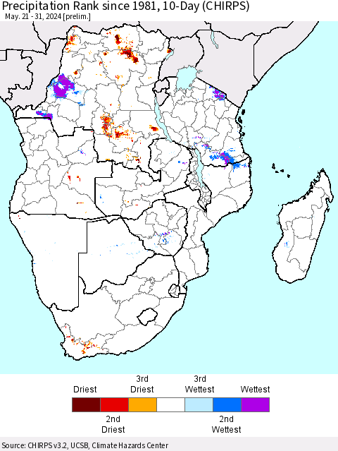 Southern Africa Precipitation Rank since 1981, 10-Day (CHIRPS) Thematic Map For 5/21/2024 - 5/31/2024