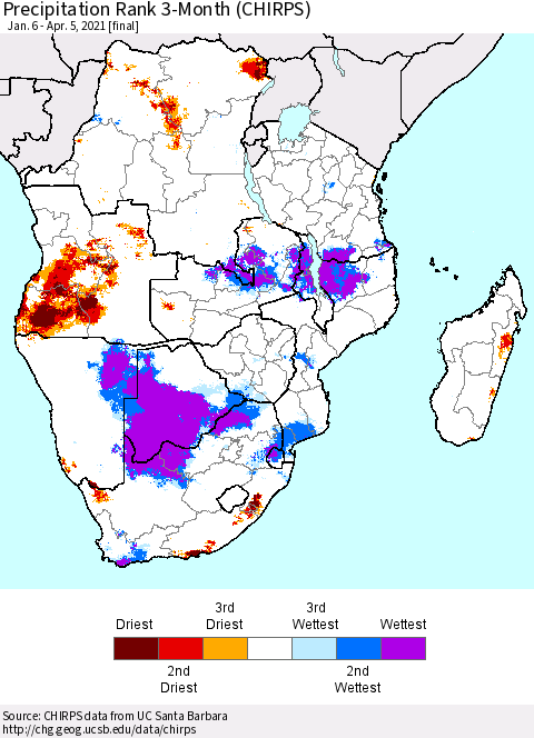 Southern Africa Precipitation Rank since 1981, 3-Month (CHIRPS) Thematic Map For 1/6/2021 - 4/5/2021