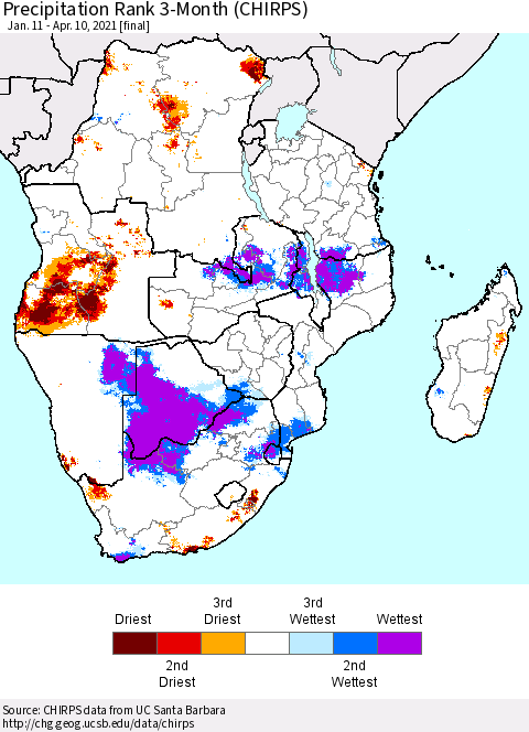 Southern Africa Precipitation Rank since 1981, 3-Month (CHIRPS) Thematic Map For 1/11/2021 - 4/10/2021