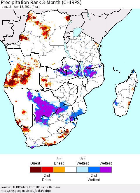 Southern Africa Precipitation Rank since 1981, 3-Month (CHIRPS) Thematic Map For 1/16/2021 - 4/15/2021