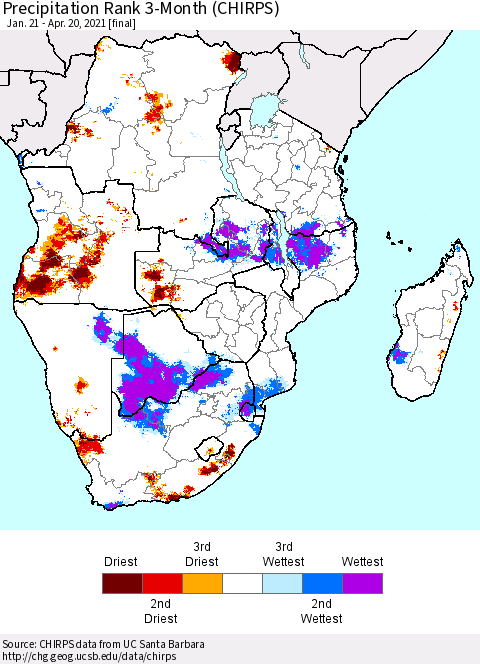 Southern Africa Precipitation Rank since 1981, 3-Month (CHIRPS) Thematic Map For 1/21/2021 - 4/20/2021