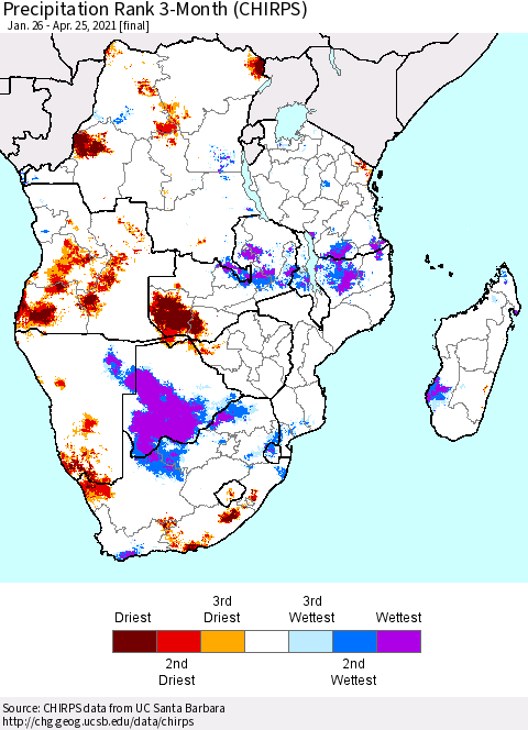 Southern Africa Precipitation Rank since 1981, 3-Month (CHIRPS) Thematic Map For 1/26/2021 - 4/25/2021