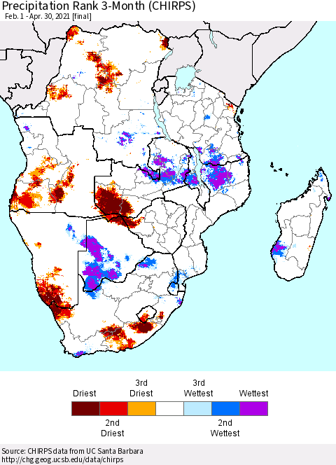 Southern Africa Precipitation Rank since 1981, 3-Month (CHIRPS) Thematic Map For 2/1/2021 - 4/30/2021