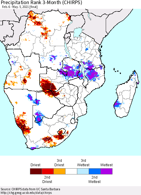 Southern Africa Precipitation Rank since 1981, 3-Month (CHIRPS) Thematic Map For 2/6/2021 - 5/5/2021