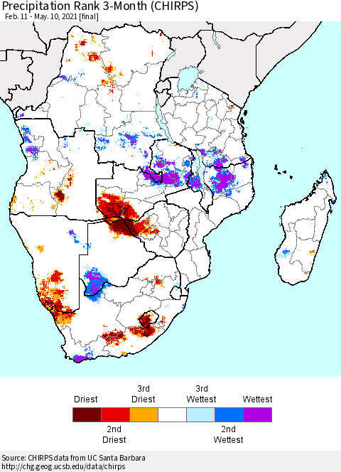 Southern Africa Precipitation Rank since 1981, 3-Month (CHIRPS) Thematic Map For 2/11/2021 - 5/10/2021