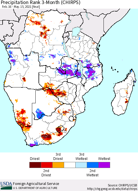 Southern Africa Precipitation Rank since 1981, 3-Month (CHIRPS) Thematic Map For 2/16/2021 - 5/15/2021