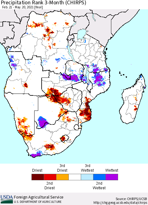 Southern Africa Precipitation Rank since 1981, 3-Month (CHIRPS) Thematic Map For 2/21/2021 - 5/20/2021