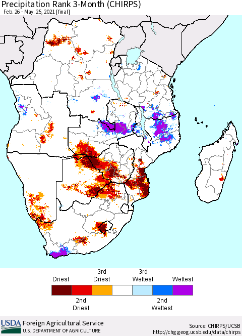 Southern Africa Precipitation Rank since 1981, 3-Month (CHIRPS) Thematic Map For 2/26/2021 - 5/25/2021