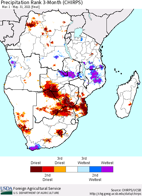 Southern Africa Precipitation Rank since 1981, 3-Month (CHIRPS) Thematic Map For 3/1/2021 - 5/31/2021
