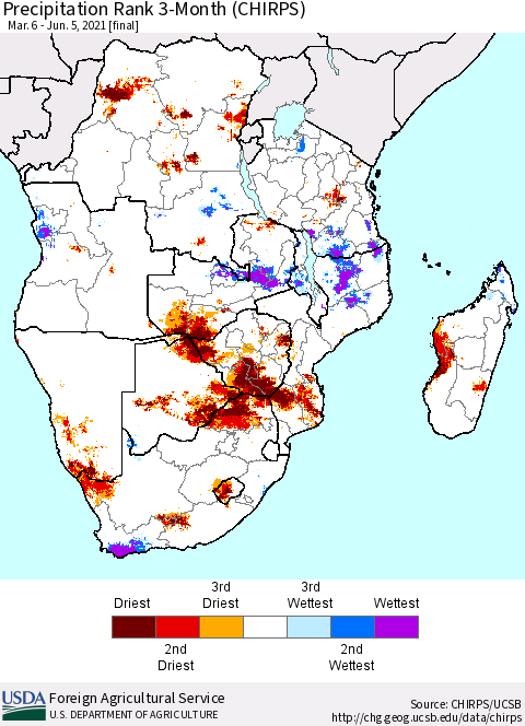 Southern Africa Precipitation Rank since 1981, 3-Month (CHIRPS) Thematic Map For 3/6/2021 - 6/5/2021