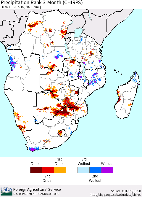 Southern Africa Precipitation Rank since 1981, 3-Month (CHIRPS) Thematic Map For 3/11/2021 - 6/10/2021