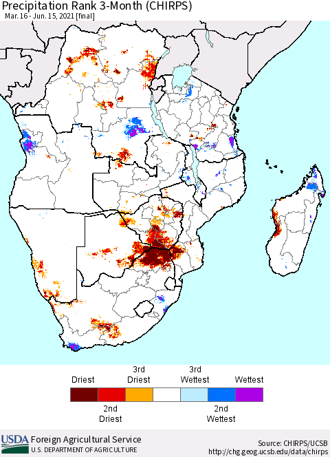 Southern Africa Precipitation Rank since 1981, 3-Month (CHIRPS) Thematic Map For 3/16/2021 - 6/15/2021
