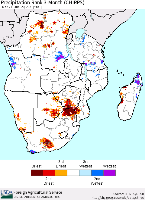 Southern Africa Precipitation Rank since 1981, 3-Month (CHIRPS) Thematic Map For 3/21/2021 - 6/20/2021