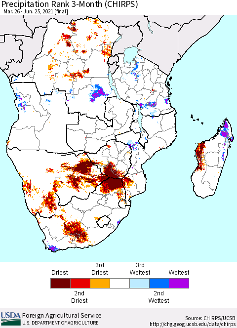 Southern Africa Precipitation Rank since 1981, 3-Month (CHIRPS) Thematic Map For 3/26/2021 - 6/25/2021