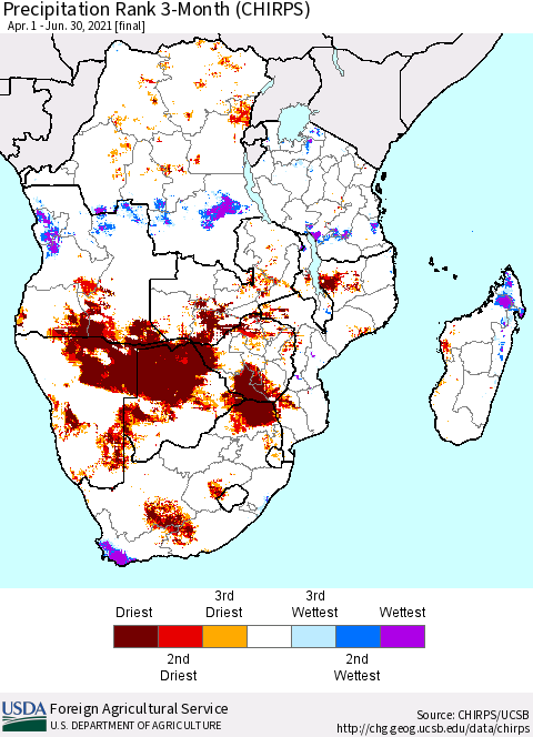 Southern Africa Precipitation Rank since 1981, 3-Month (CHIRPS) Thematic Map For 4/1/2021 - 6/30/2021