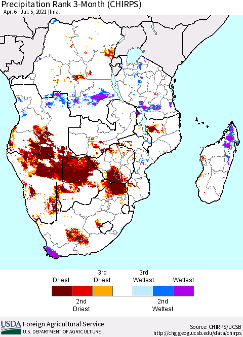 Southern Africa Precipitation Rank since 1981, 3-Month (CHIRPS) Thematic Map For 4/6/2021 - 7/5/2021
