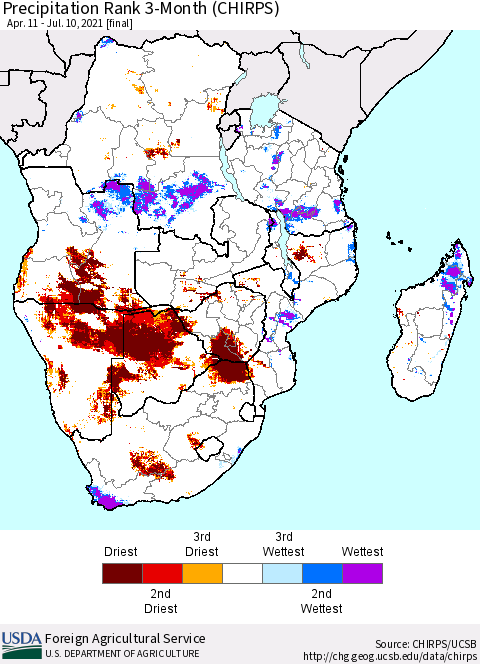 Southern Africa Precipitation Rank since 1981, 3-Month (CHIRPS) Thematic Map For 4/11/2021 - 7/10/2021