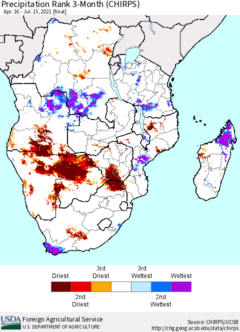 Southern Africa Precipitation Rank since 1981, 3-Month (CHIRPS) Thematic Map For 4/16/2021 - 7/15/2021