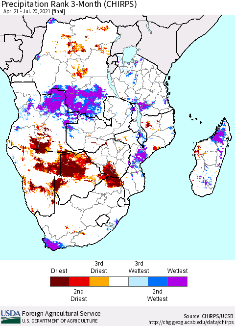 Southern Africa Precipitation Rank since 1981, 3-Month (CHIRPS) Thematic Map For 4/21/2021 - 7/20/2021