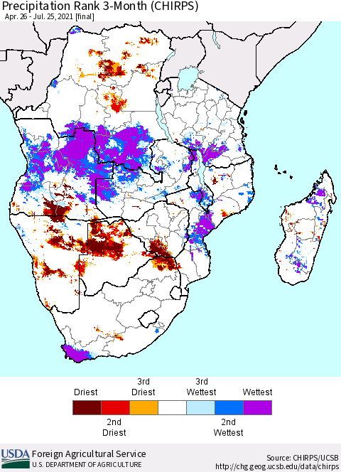 Southern Africa Precipitation Rank since 1981, 3-Month (CHIRPS) Thematic Map For 4/26/2021 - 7/25/2021