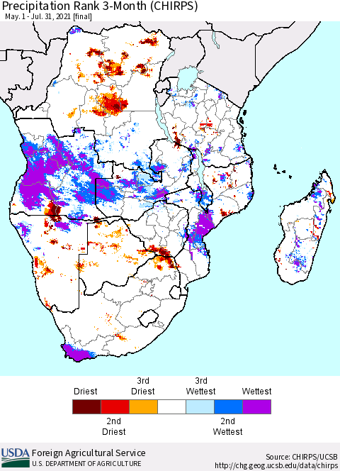 Southern Africa Precipitation Rank since 1981, 3-Month (CHIRPS) Thematic Map For 5/1/2021 - 7/31/2021