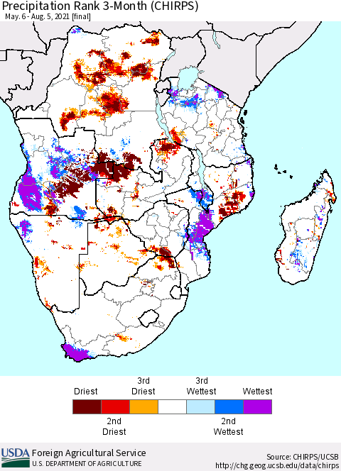 Southern Africa Precipitation Rank since 1981, 3-Month (CHIRPS) Thematic Map For 5/6/2021 - 8/5/2021