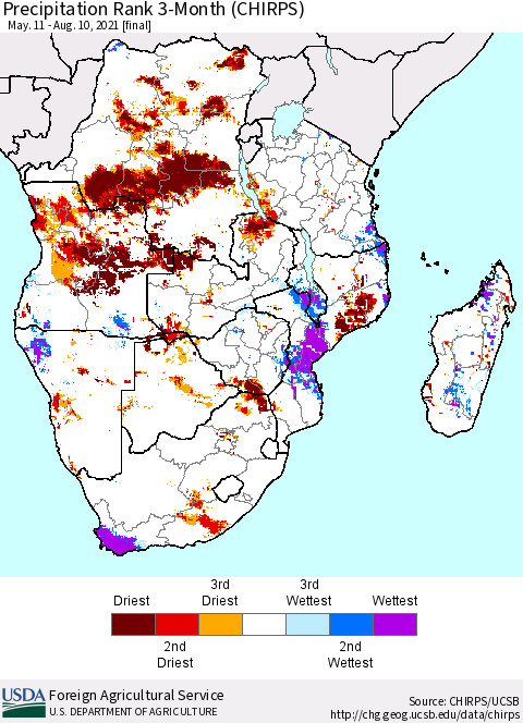 Southern Africa Precipitation Rank since 1981, 3-Month (CHIRPS) Thematic Map For 5/11/2021 - 8/10/2021