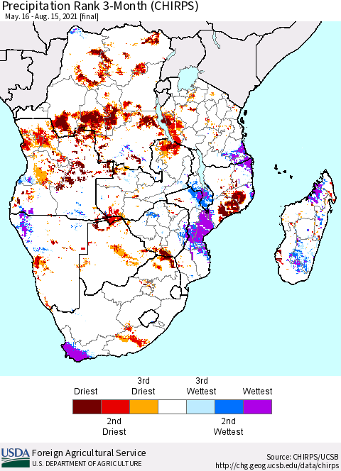 Southern Africa Precipitation Rank since 1981, 3-Month (CHIRPS) Thematic Map For 5/16/2021 - 8/15/2021