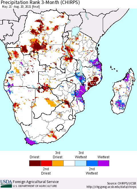 Southern Africa Precipitation Rank since 1981, 3-Month (CHIRPS) Thematic Map For 5/21/2021 - 8/20/2021