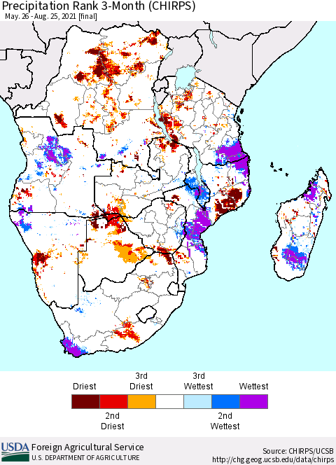 Southern Africa Precipitation Rank since 1981, 3-Month (CHIRPS) Thematic Map For 5/26/2021 - 8/25/2021
