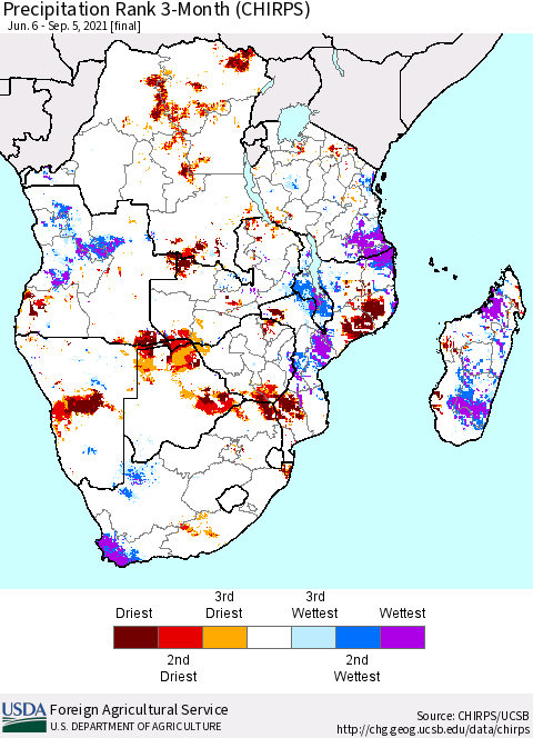 Southern Africa Precipitation Rank since 1981, 3-Month (CHIRPS) Thematic Map For 6/6/2021 - 9/5/2021