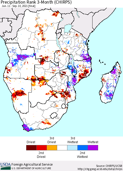 Southern Africa Precipitation Rank since 1981, 3-Month (CHIRPS) Thematic Map For 6/11/2021 - 9/10/2021