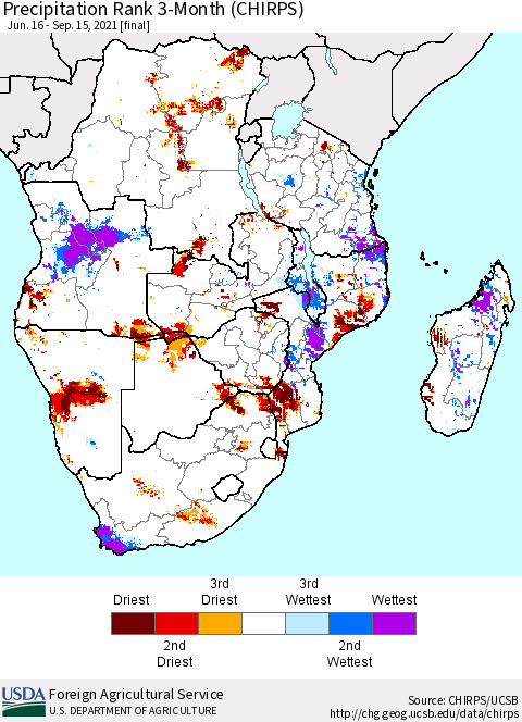 Southern Africa Precipitation Rank since 1981, 3-Month (CHIRPS) Thematic Map For 6/16/2021 - 9/15/2021