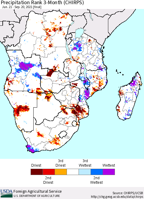 Southern Africa Precipitation Rank since 1981, 3-Month (CHIRPS) Thematic Map For 6/21/2021 - 9/20/2021