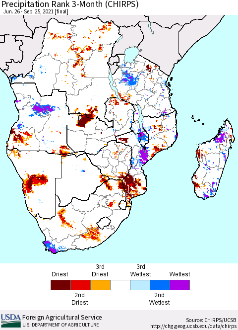 Southern Africa Precipitation Rank since 1981, 3-Month (CHIRPS) Thematic Map For 6/26/2021 - 9/25/2021