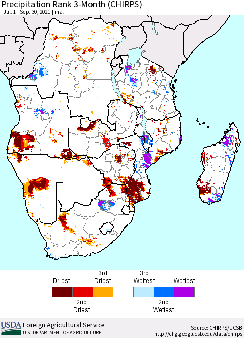 Southern Africa Precipitation Rank since 1981, 3-Month (CHIRPS) Thematic Map For 7/1/2021 - 9/30/2021